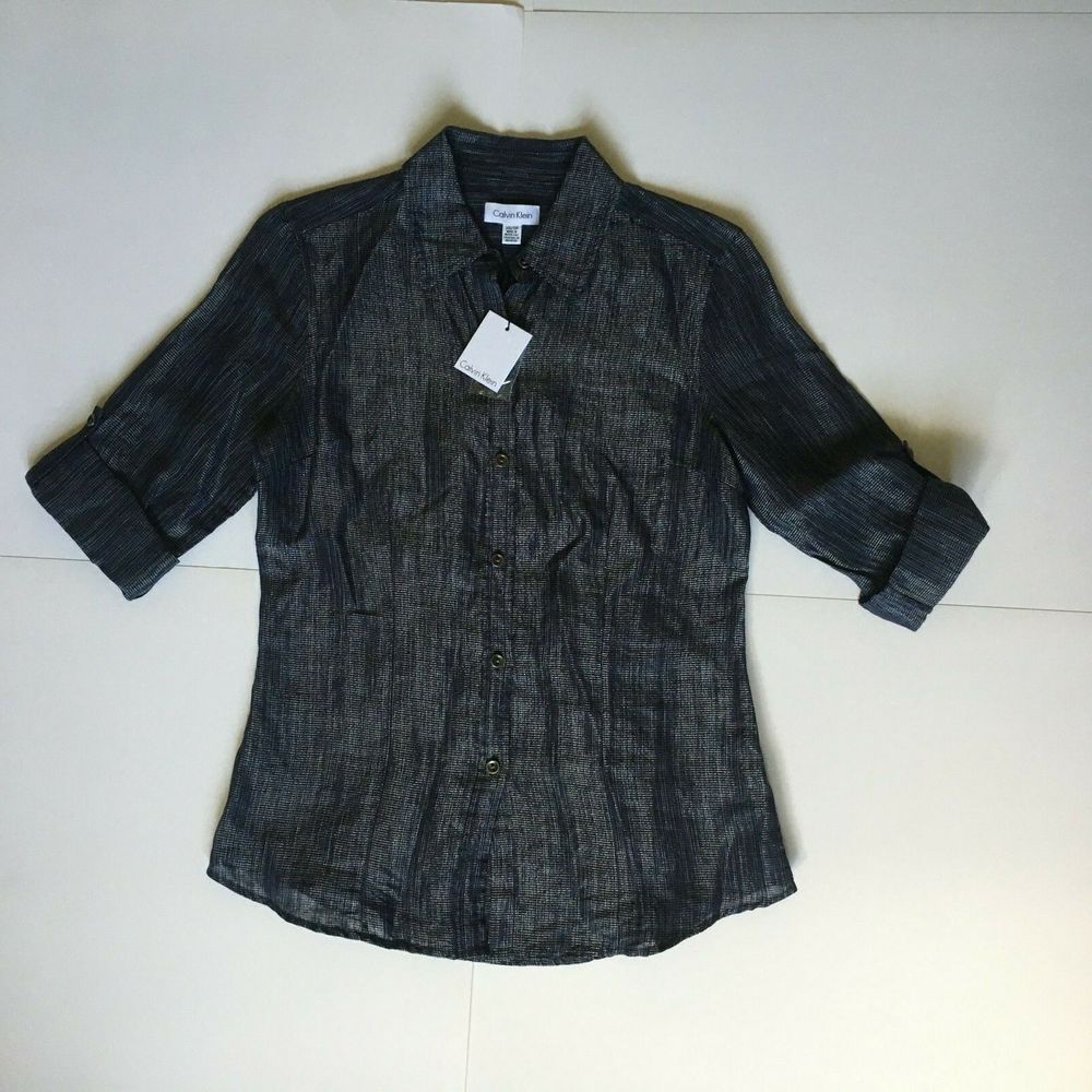 Calvin Klein Womens Shirt XS Button Up Roll Tab Half Sleeves Blue Metallic NWT